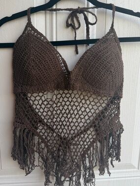 Sans Souci Brown Crochet Fringe Festival Boho Y2K Halter Top Size L